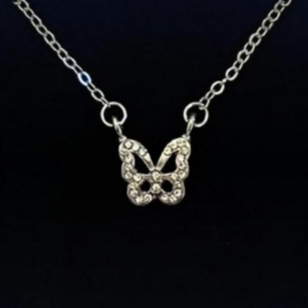 Rhinestone Butterfly Pendant Necklace silver
